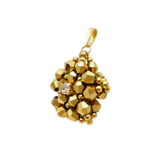 Size view of an intricate gold-coloured crystal pendant featuring faceted crystals arranged in a star-pattern with gold accents and a sparkling cubic zirconia centre, shown against a white background.