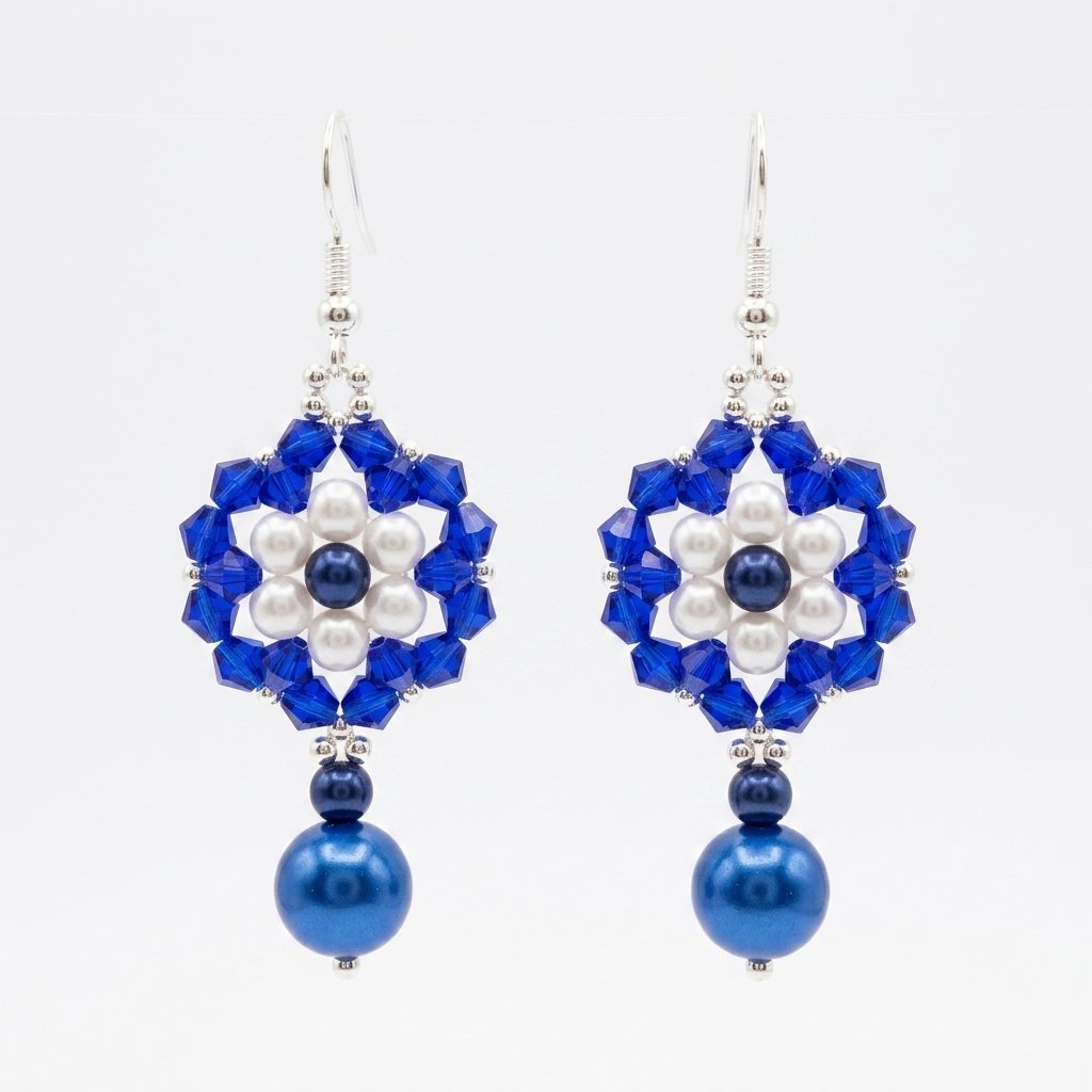 blue-white-pearls-crystal-drop-earrings Pair of elegant blue pearl and crystal earrings with soft ivory & deep blue pearls, faceted sapphire blue crystals, and dangling blue pearl drops on a white background.