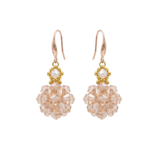 champagne crystal ball earrings featuring gold beadwork and gold hooks, shown against a white background