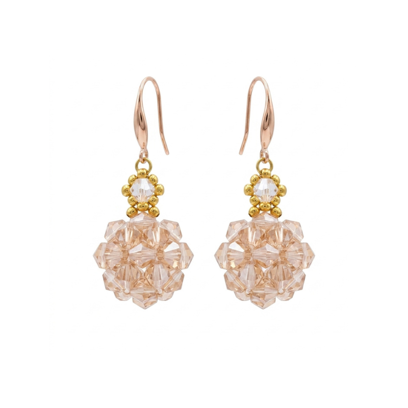 champagne-crystal-drop-earrings champagne crystal ball earrings featuring gold beadwork and gold hooks, shown against a white background