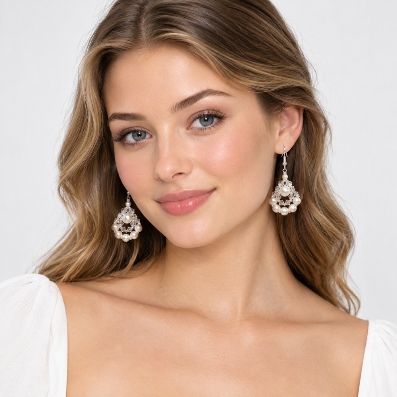 elegant-pearl-crystal-earrings-model A model wearing pearl and clear crystal chandelier drop earrings with a delicate silver-toned finish.
