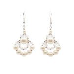 Clear crystal and off-white faux pearl drop earrings with silver-tone detailing, handmade statement pearl earrings on a white background