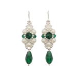 A thumbnail image of handcrafted drop earrings made with deep emerald green crystals, white pearl beads, and silver accents hanging against a plain background.