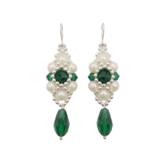 A thumbnail image of handcrafted drop earrings made with deep emerald green crystals, white pearl beads, and silver accents hanging against a plain background.