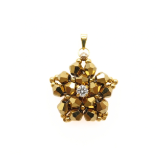 Intricate gold-coloured crystal pendant featuring faceted crystals arranged in a star-pattern with gold accents and a sparkling cubic zirconia centre. Shown against a white background
