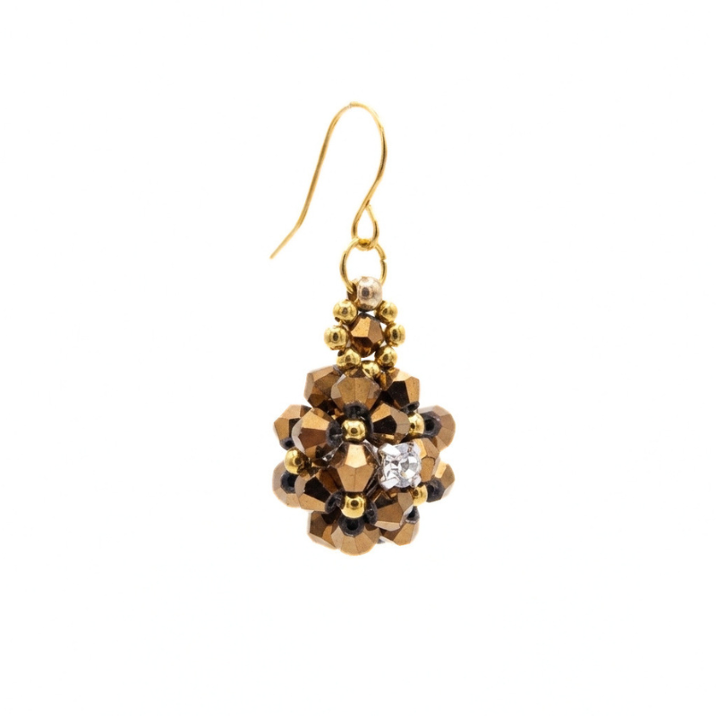 metallic-bronze-crystal-earrings-side-view A Size view of bronze metallic iridescent crystal drop earring with cubic zirconia centre and gold-tone ear wire on white background