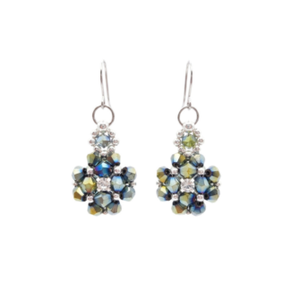 Handmade iridescent crystal flower drop earrings with cubic zirconia centre and silver-tone ear wires on white background