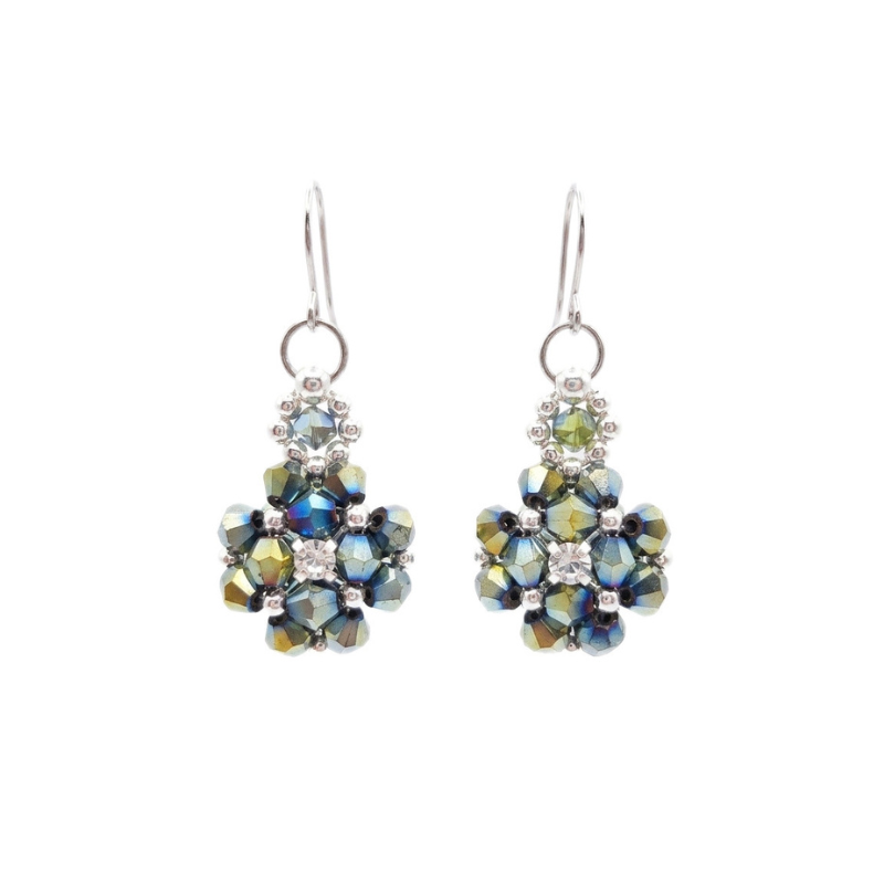 metallic-crystal-earrings-thumnail Handmade iridescent crystal flower drop earrings with cubic zirconia centre and silver-tone ear wires on white background