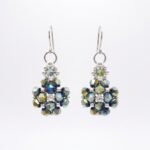 Blue-green metallic crystal cluster earrings with sparkling cubic zirconia centre, handmade flower drop earrings for women