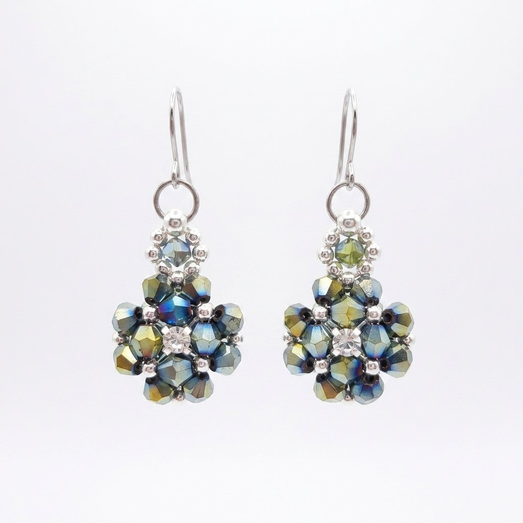 multi-metallic-crystal-earrings Blue-green metallic crystal cluster earrings with sparkling cubic zirconia centre, handmade flower drop earrings for women