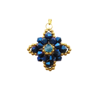 Navy blue crystal pendant with metallic blue crystals, aquamarine-coloured centre crystal, and gold-coloured bead accents. Shown against a white background.