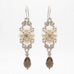 White pearl and smoky grey crystal beaded drop earrings with silver findings, shown against a white background.