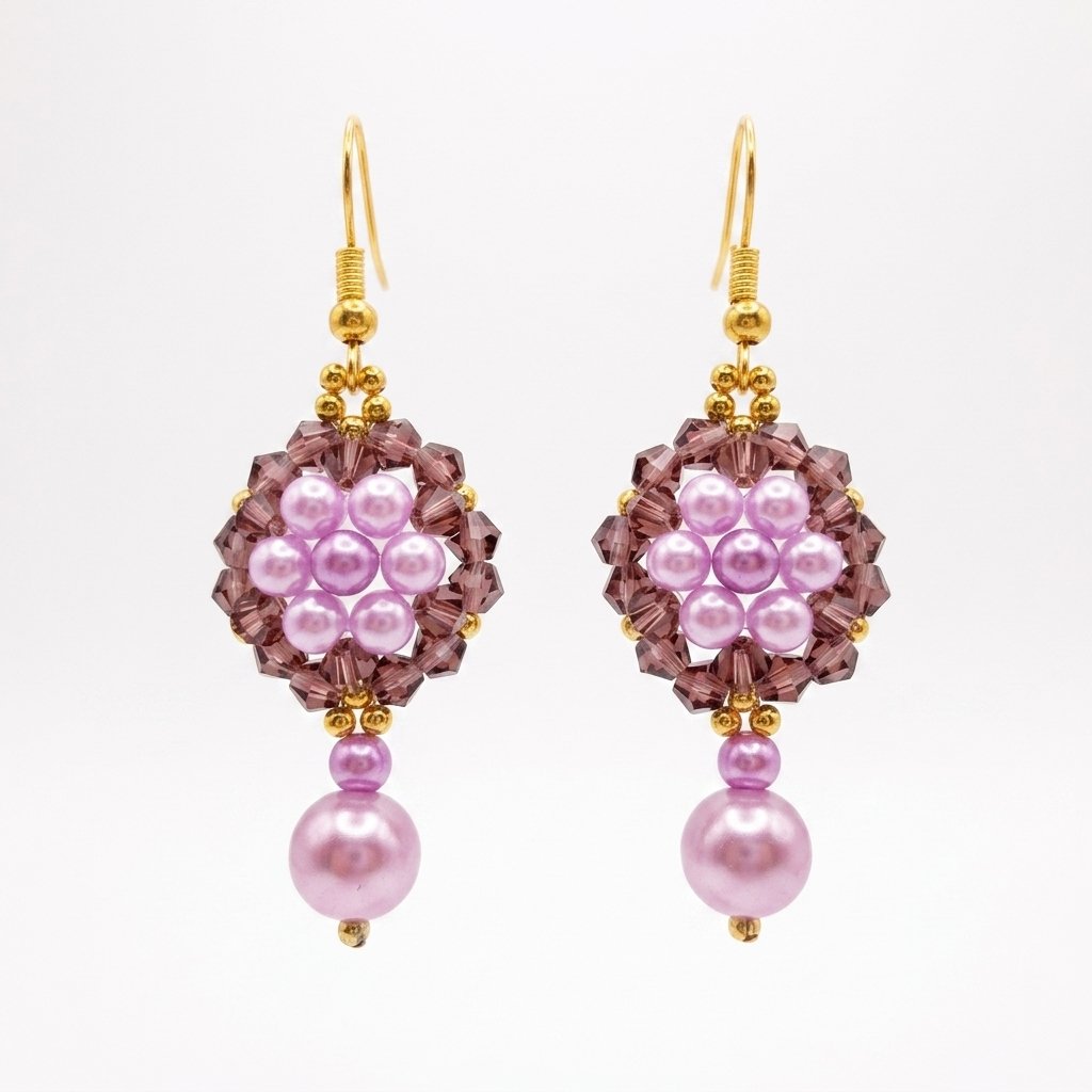 purple-pearls-crystal-drop-earrings Pair of elegant purple pearl and crystal earrings with luminous lavender pearls, faceted plum-purple crystals, gold-coloured accents and dangling pearl drops on a neutral background.