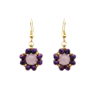 Rose quartz flower earrings with metallic purple crystal beads and gold-tone hooks, shown against a white background