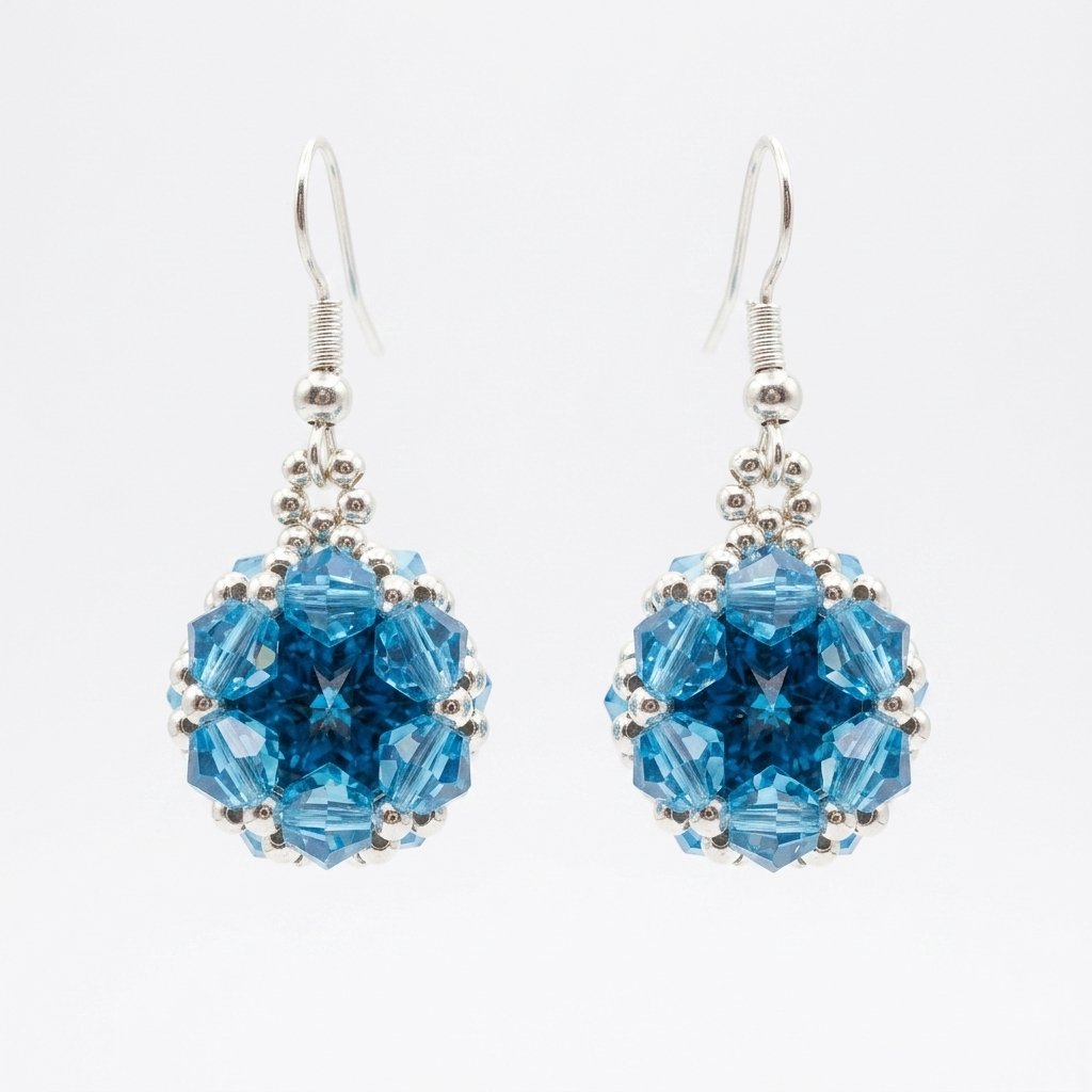 saaphire-blue-crystal-earrings Sapphire blue and aquamarine crystal cluster earrings with silver beaded detail and silver hooks. Shown against a neutral background.