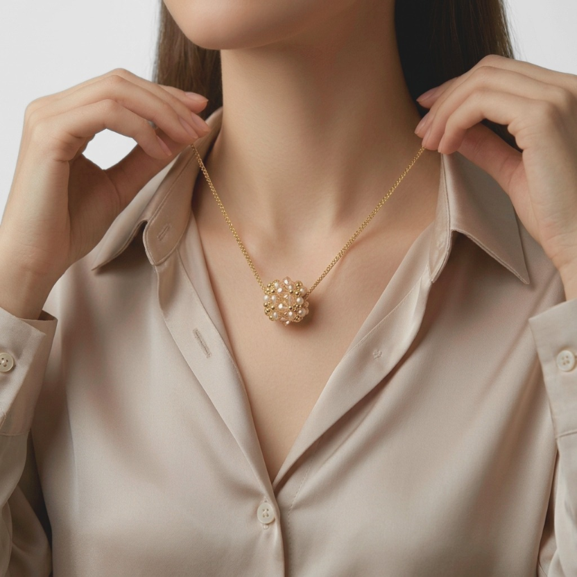 barrel-crystal-pendant-on-model Woman wearing a handmade barrel-shaped champagne crystal and pearl pendant necklace with gold-tone beads on a fine gold chain, styled with a soft beige satin blouse