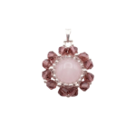 Handmade rose quartz and purple crystal flower pendant with silver-tone accents on a silver chain, shown against a white background