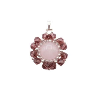 Handmade rose quartz and purple crystal flower pendant with silver-tone accents on a silver chain, shown against a white background